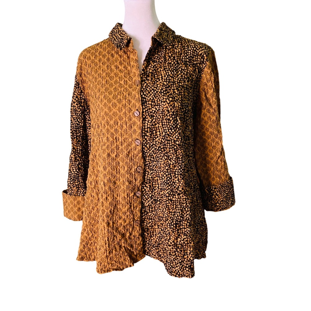 Habitat Mixed Print Button Down Blouse Lagenlook Artsy Black Gold (Size M)